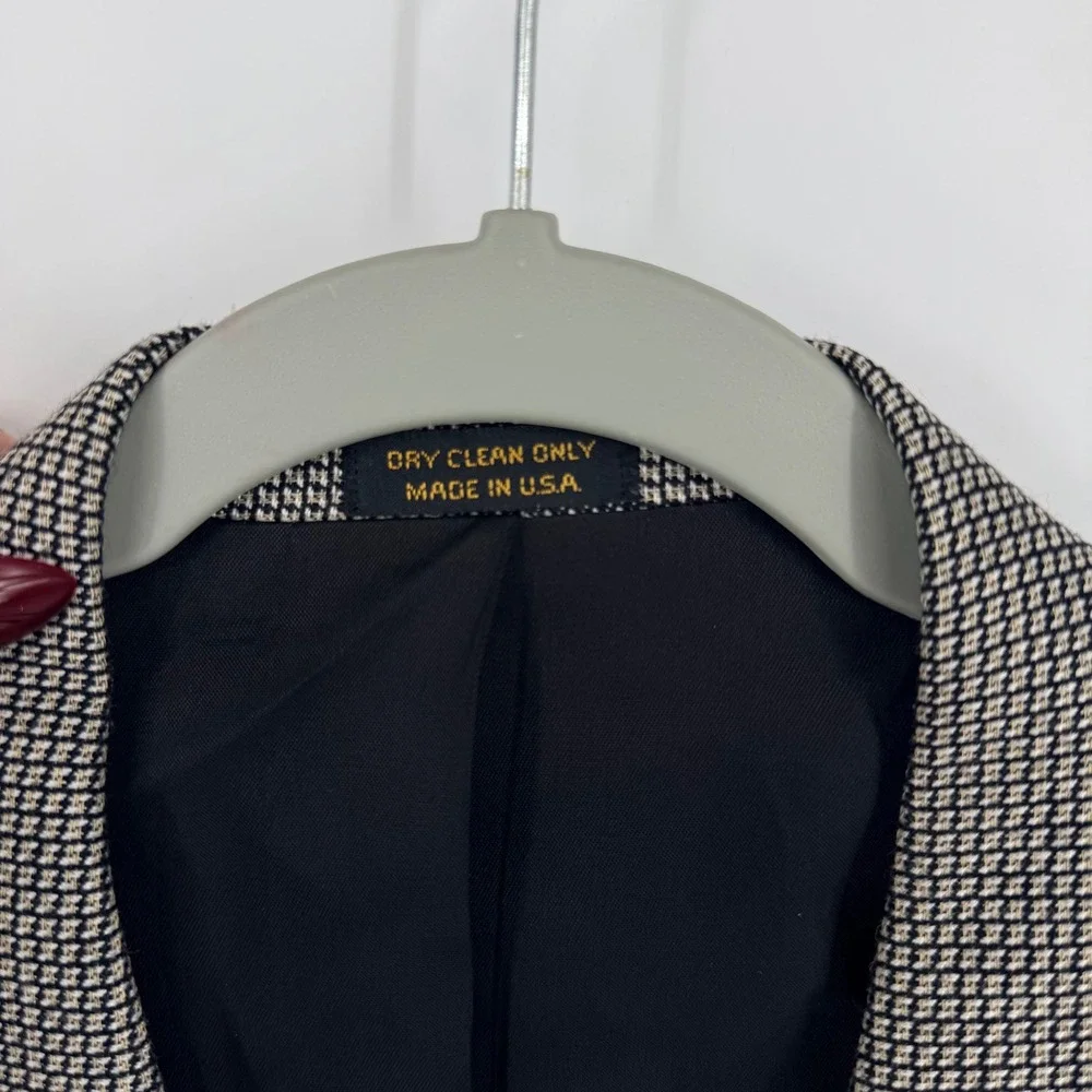 Vtg Bachrach Double‎ Breasted Houndstooth Blazer Jacket 44L USA Made Black White